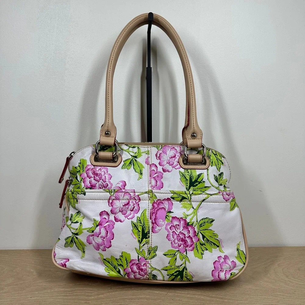 Tignanello Satchel Handbag White Pink Green Floral Leather Cottagecore Y2K Purse